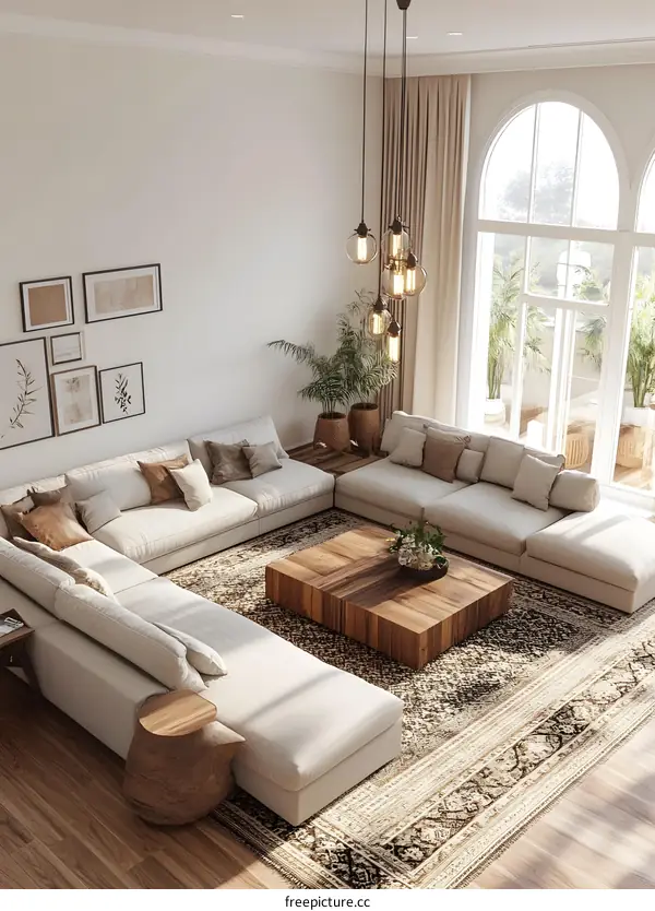 Modern Living Room Interior Design with White Sofa and Wooden Coffee Table