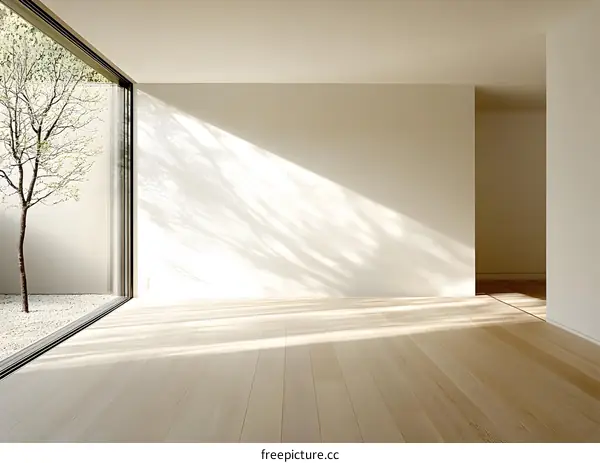 Modern Minimalist Empty Room With Wooden Floor And Large Window