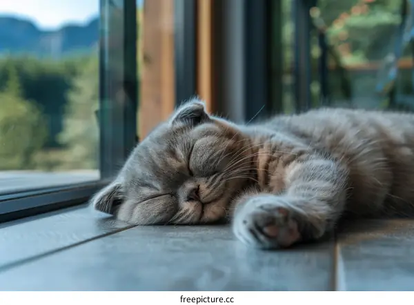 A gray kitten is sleeping on the floor in front of a window.