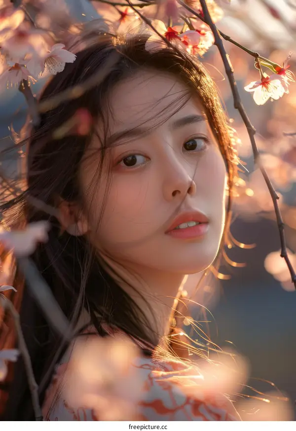 Portrait of a young Asian woman standing in a field of cherry blossoms