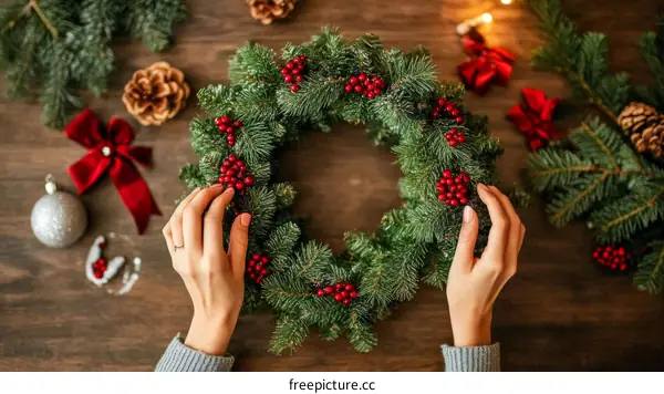 Woman Crafting a Christmas Wreath