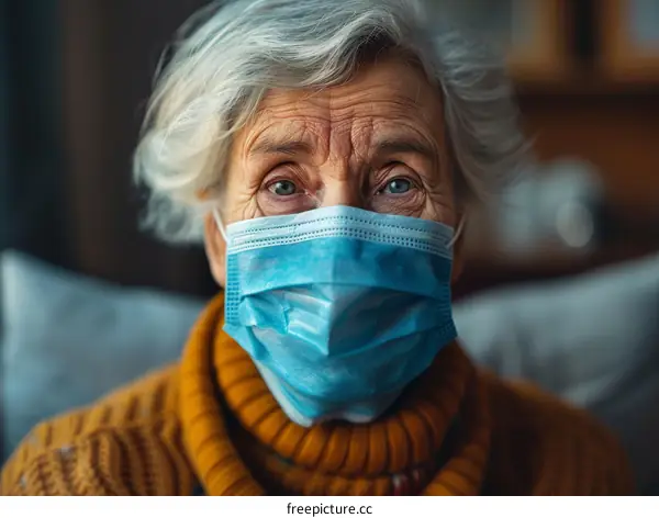 An elderly woman wearing a surgical mask looks at the camera with concern in her eyes.
