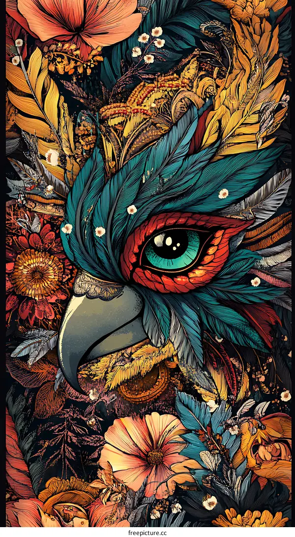 Colorful Bird Eye Illustration with Feathers and Flowers