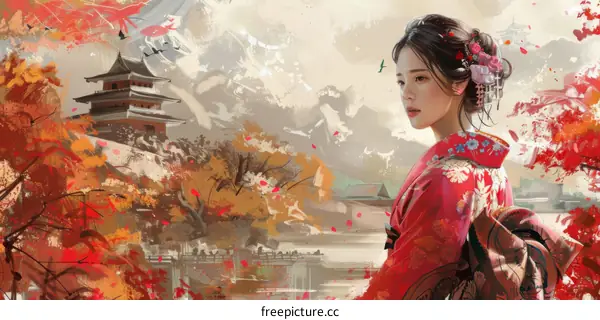 Japanese Woman in Traditional Kimono with Mountain Landscape