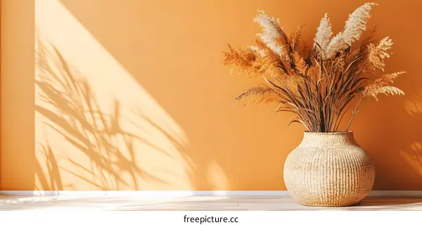 Minimalist Interior Design with Dried Flowers in a Wicker Vase