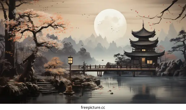 Serene Chinese Landscape Painting with Pavilion, Bridge, and Cherry Blossoms