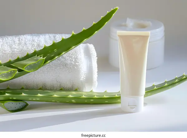 Aloe Vera Plant, Cream Tube and White Towel