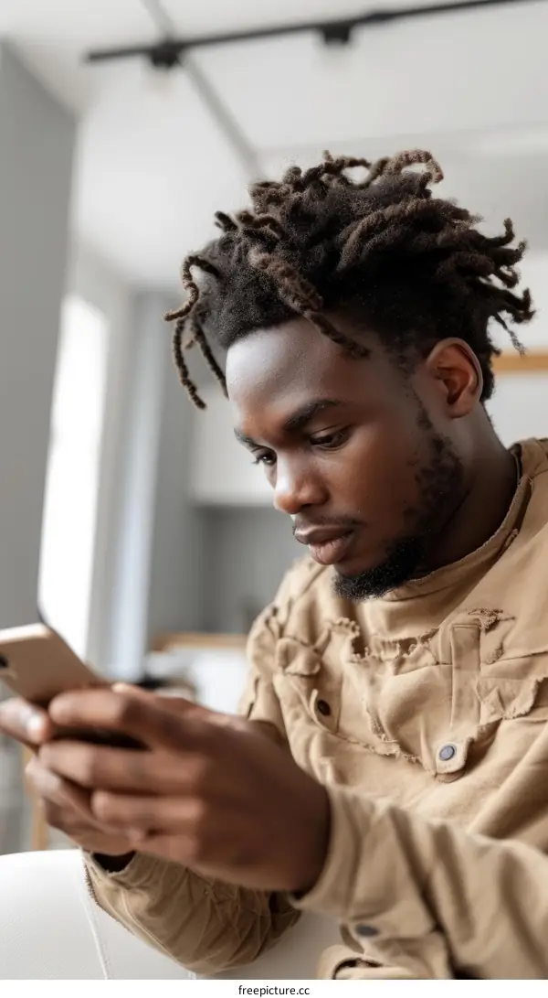 Black man in brown shirt looking at his phone