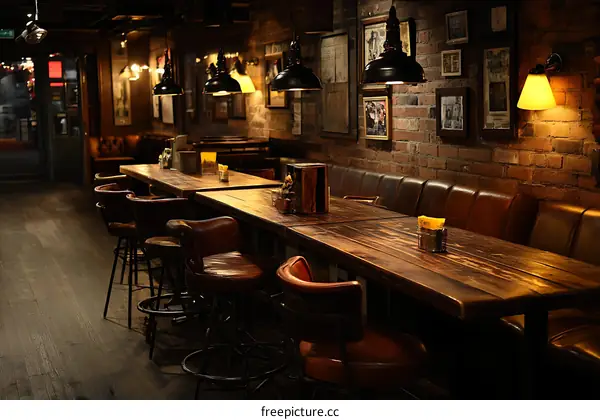 Rustic Pub Interior with Long Wooden Tables