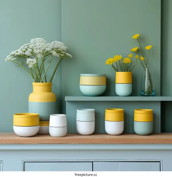 Colorful ceramic pots and vases with white flowers on a green background