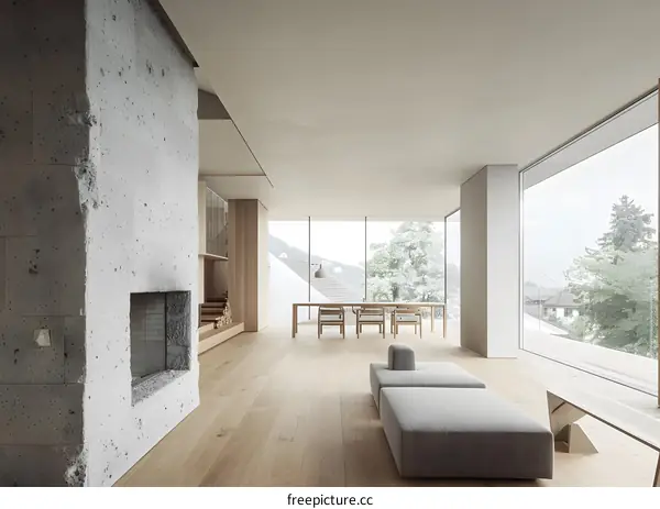 Modern Minimalist Interior Design with Stone Fireplace and Large Window
