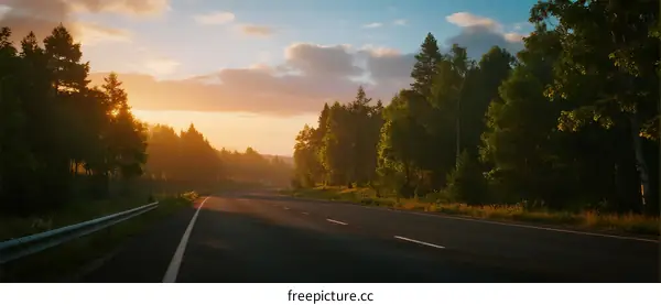 Sunlit Road Through Lush Green Forest at Dawn