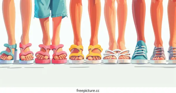 People wearing different types of sandals and sneakers