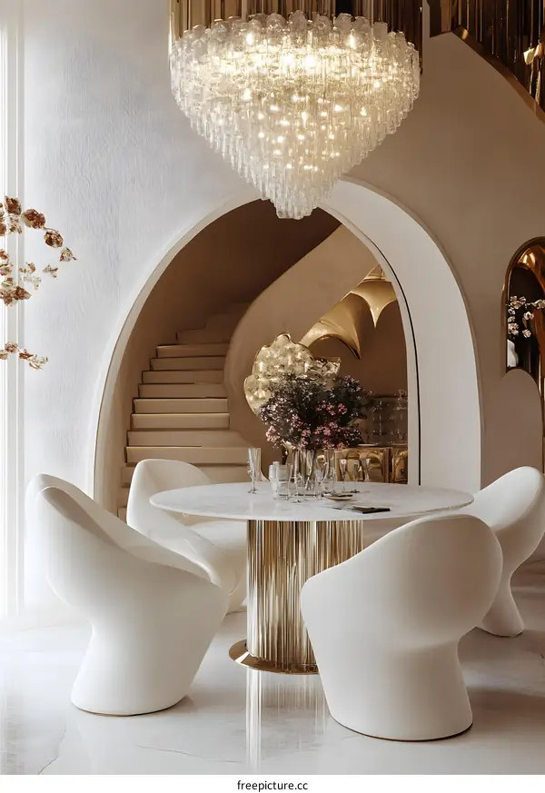 Modern Dining Room with White Chairs and Gold Accents