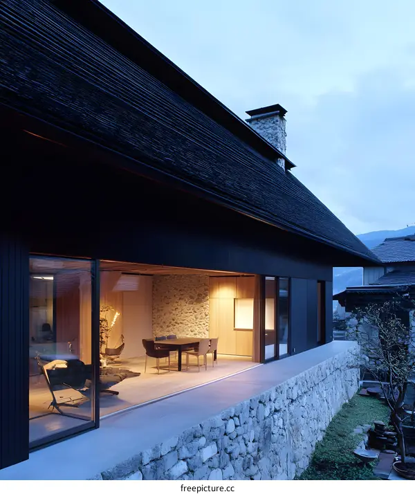 Modern Black Roof House with Stone Wall and Large Window