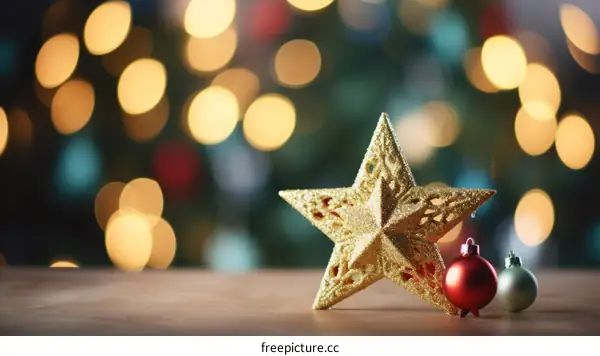 Golden Christmas Ornament Star and Baubles on a Wooden Table with Blurred Tree Lights