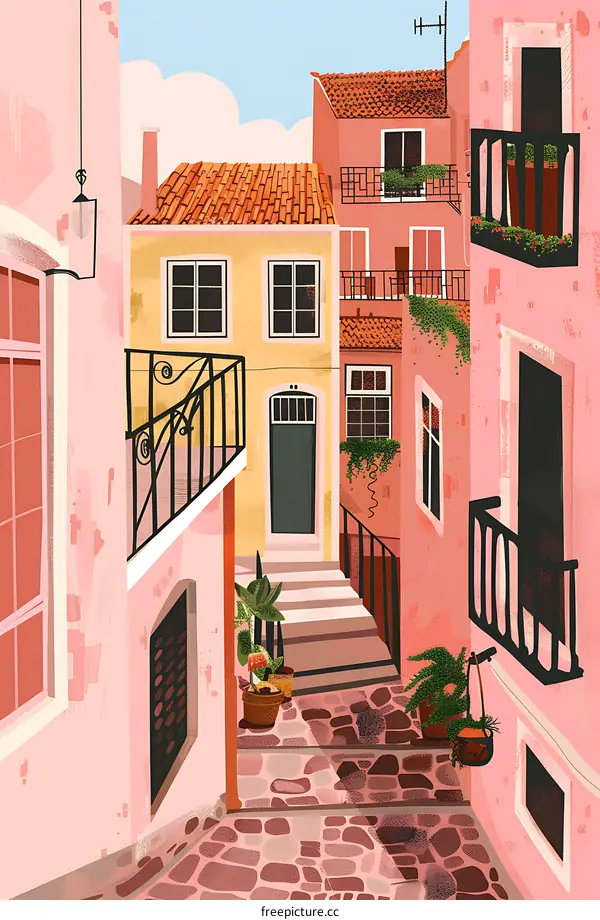 Colorful Illustration of European Cityscape