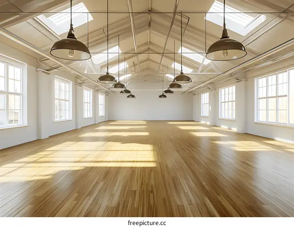 Large Empty Room With Skylights And Wood Floor