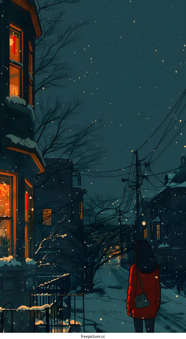 girl walking alone in the snow at night