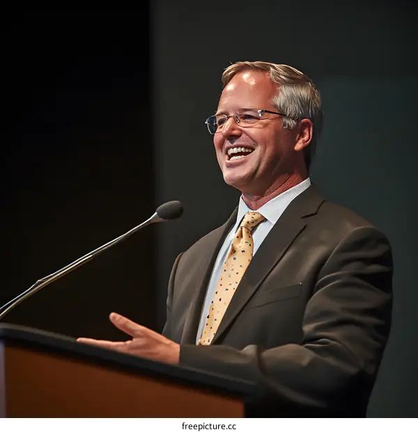 Smiling Man Giving Speech at Podium