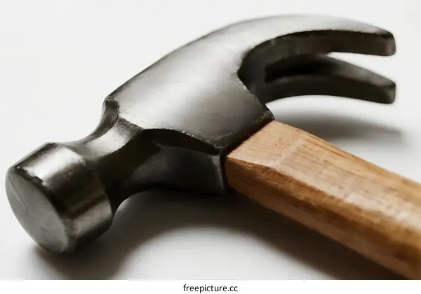 Close-up view of a metallic hammer with a wooden handle