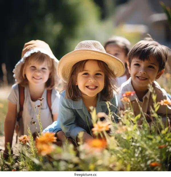 Four happy children playing in a field of flowers