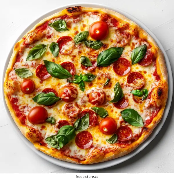 Delicious Pepperoni Pizza with Fresh Basil and Tomatoes