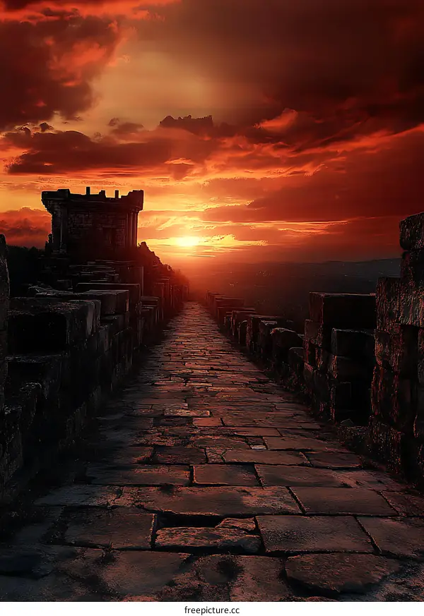 Stone Pathway Leading to Ancient Ruins at Sunset