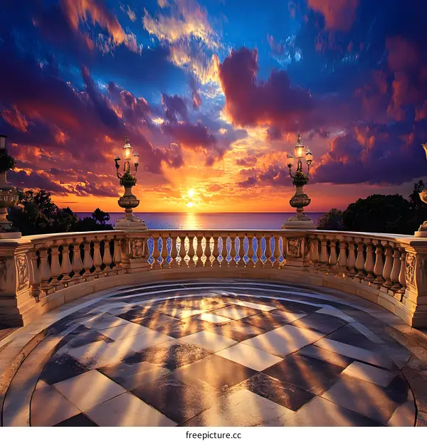Sunset View From Balcony With Stone Railing
