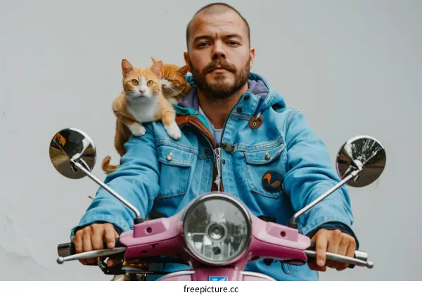 Man with two cats on his shoulders sitting on a scooter