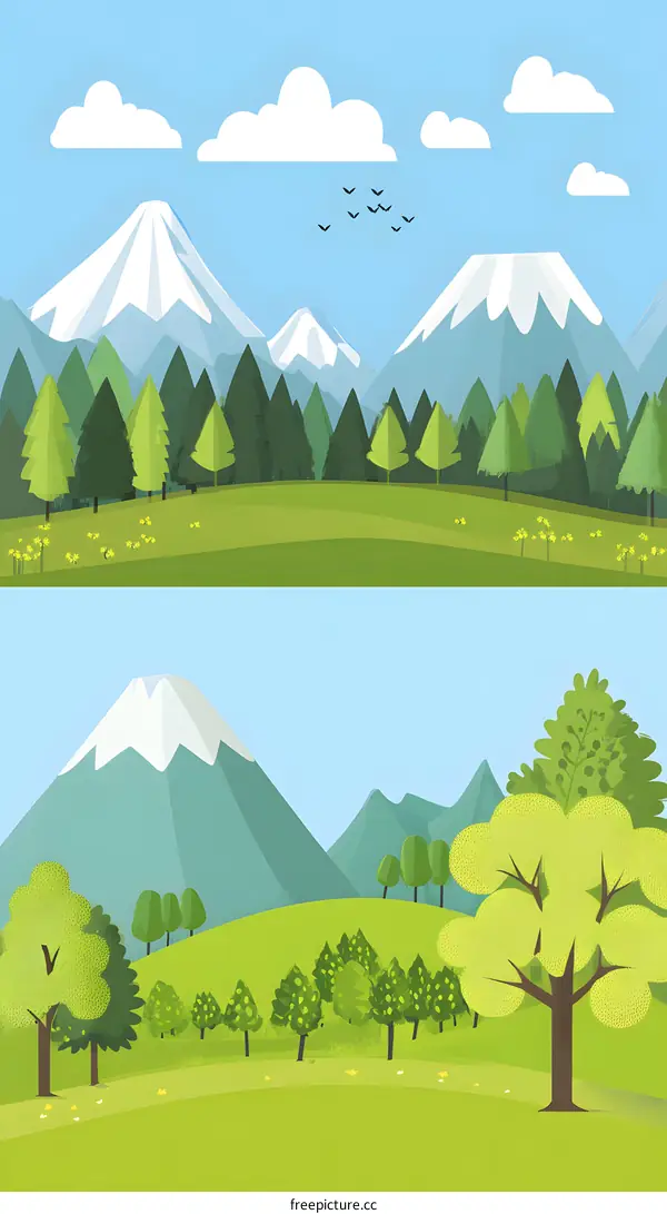 Green Landscape with Mountains and Trees Illustration