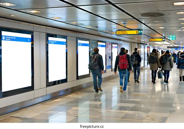 People Walking Through Modern Subway Station With Blank Advertisements