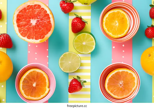 Citrus Fruits and Strawberries on Colored Background