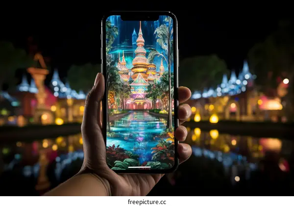 A hand holding a smartphone with a fantasy castle on the screen