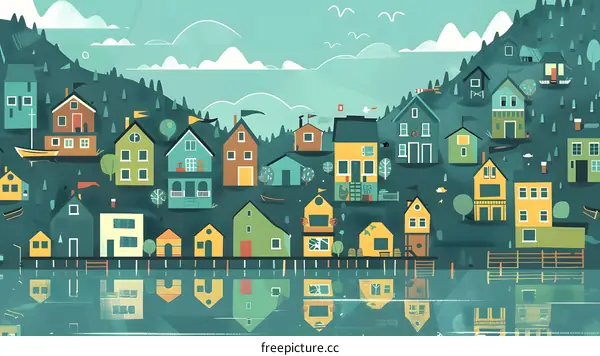 Colorful Illustration of a Small Town with Houses and Water