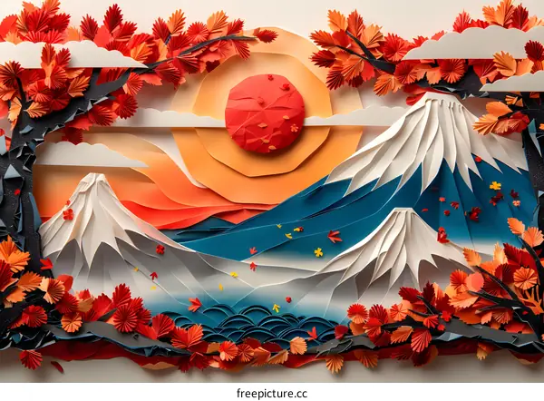 Paper Art Landscape with Mountain and Sun