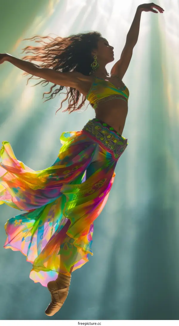 A woman in a colorful dress is dancing in the air.
