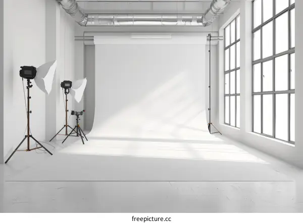 Empty White Wall Photo Studio with Large Windows