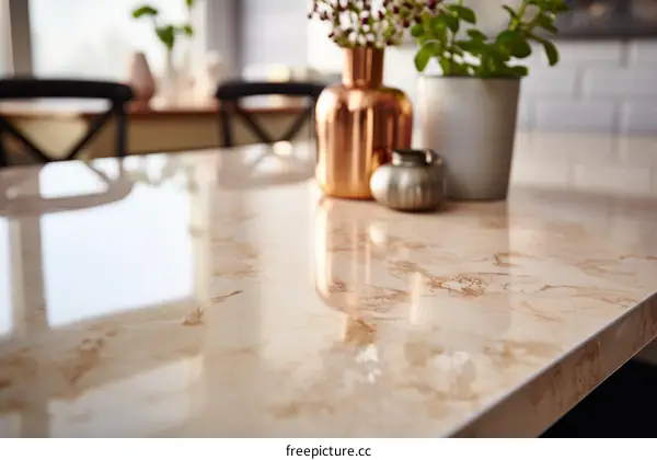 Marble Kitchen Countertop with Vase of Flowers