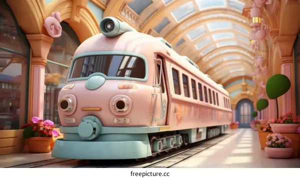 A pink and blue train is in a station.