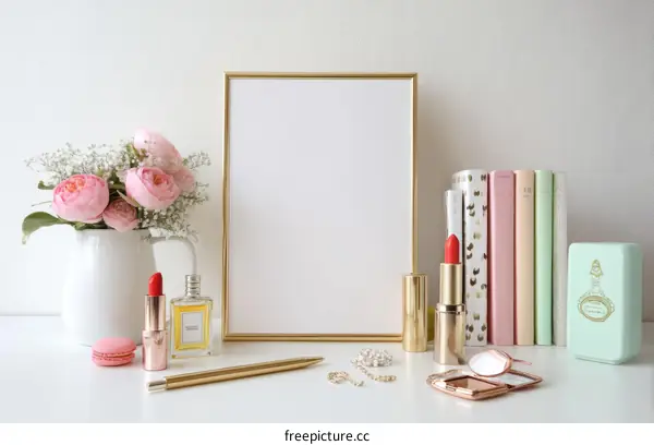 Elegant Feminine Desk Arrangement with Flowers and Cosmetics