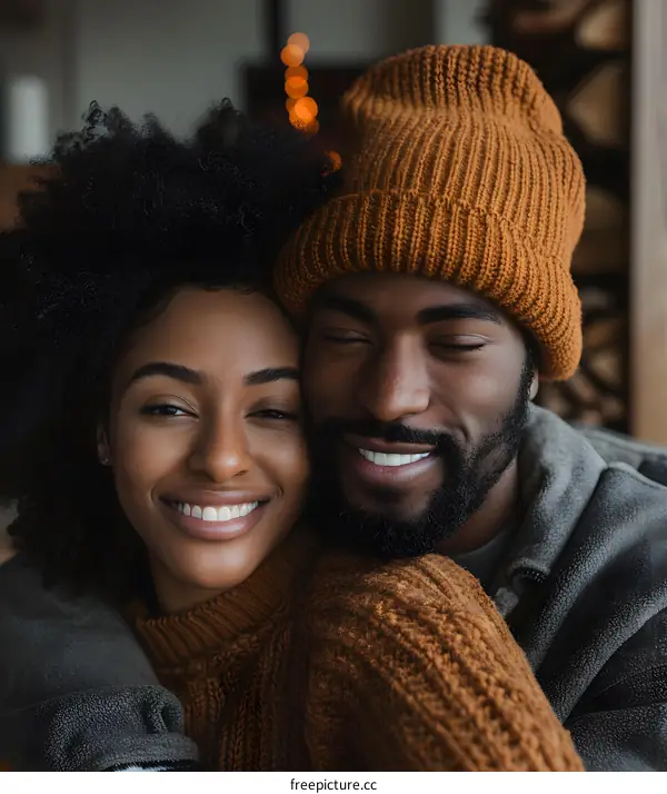 A smiling couple is hugging each other.