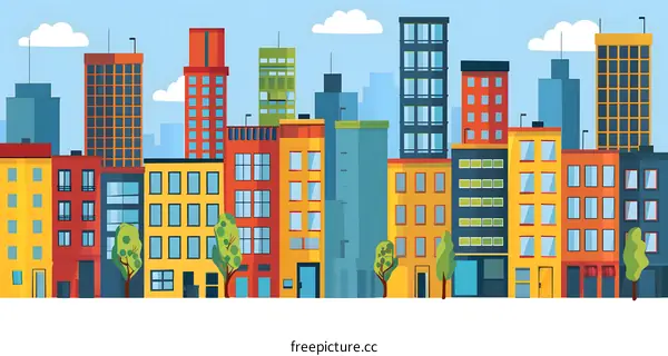 Cityscape Illustration With Colorful Buildings And Trees