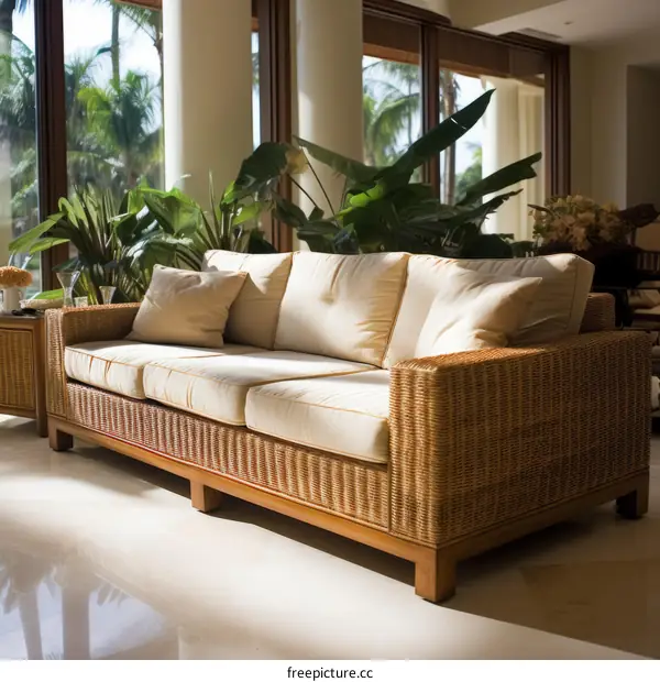 wicker sofa in a sunlit room with tropical plants