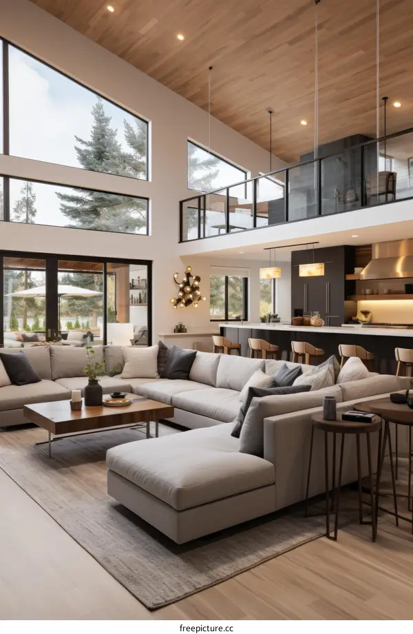 Modern house interior living room with large windows