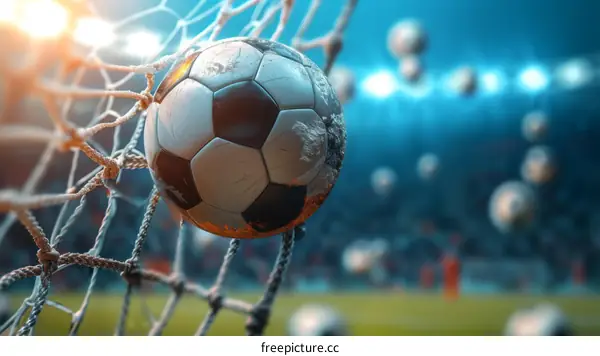 Epic Soccer Ball in the Net with Bright Stadium Lights in the Background