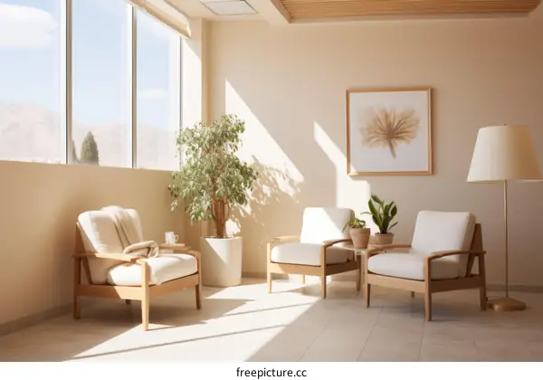 Three chairs in a room with a large window