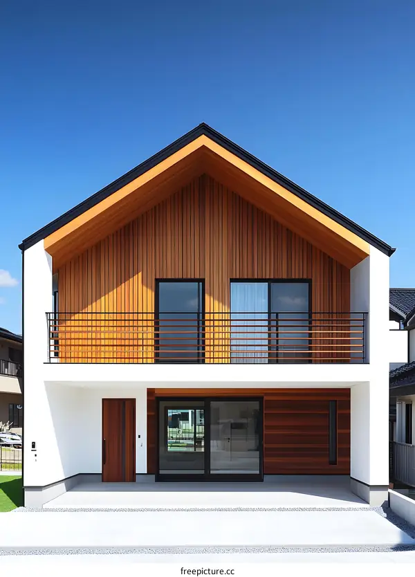 Modern Two Story House with Wooden Siding and Balcony