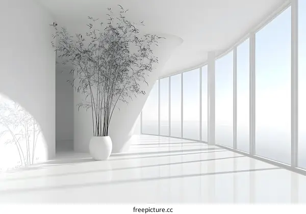 White Interior Design with Bamboo Plant and Ocean View