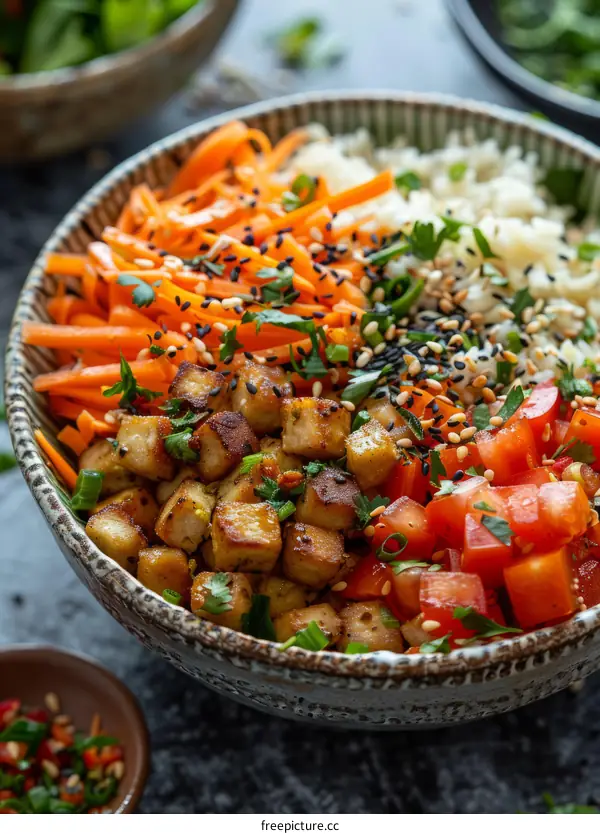 Rice bowl with tofu, vegetables and sesame seeds